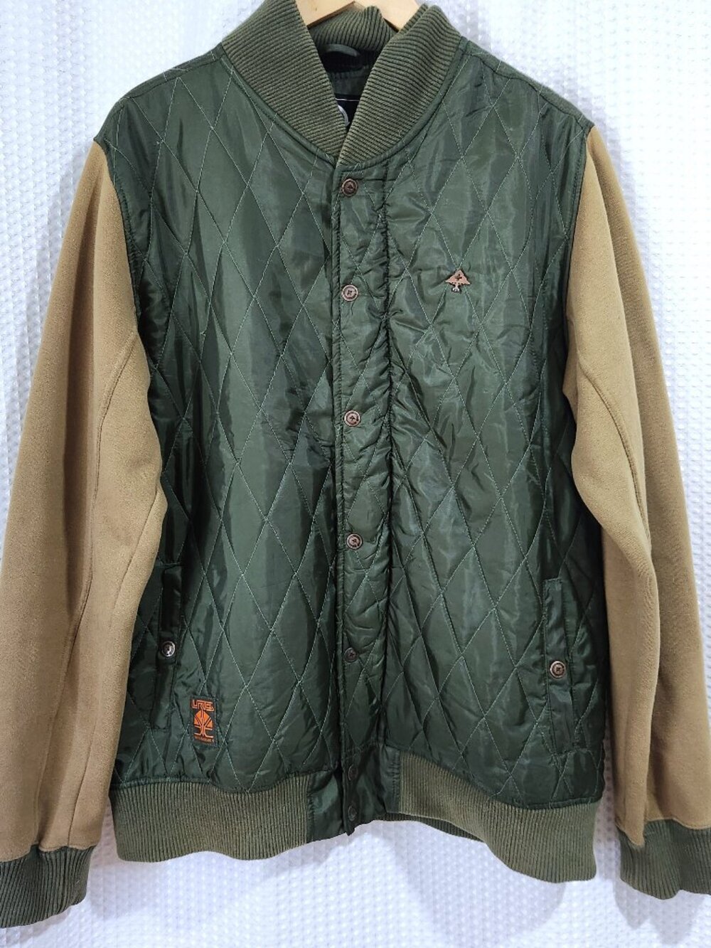 Vintage LRG Quilted Bomber Jacket Mens XL Green Tan Fleece Varsity Skate Coat